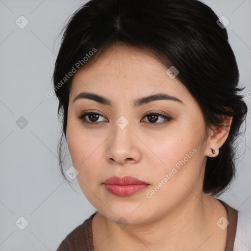 Neutral asian young-adult female with medium  brown hair and brown eyes