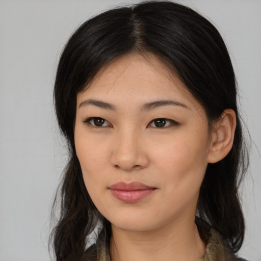 Neutral asian young-adult female with medium  black hair and brown eyes