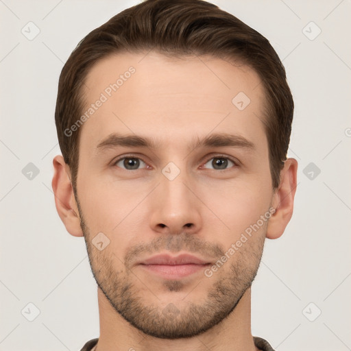 Neutral white young-adult male with short  brown hair and brown eyes