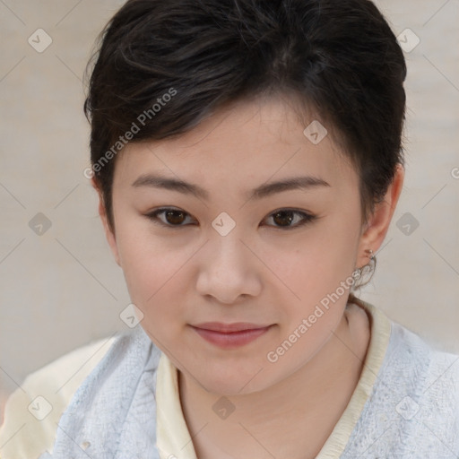 Joyful white child female with short  brown hair and brown eyes