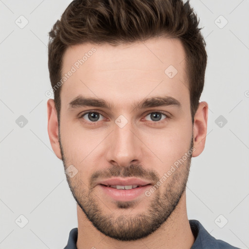 Neutral white young-adult male with short  brown hair and grey eyes