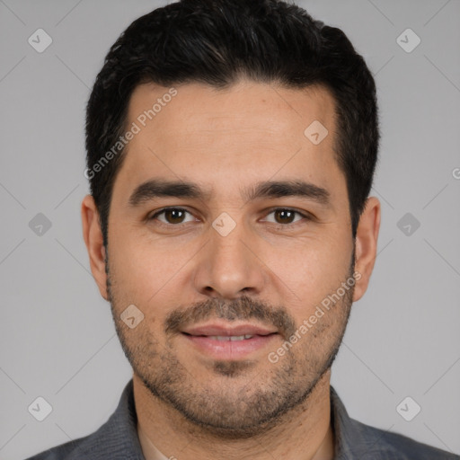 Joyful white young-adult male with short  black hair and brown eyes