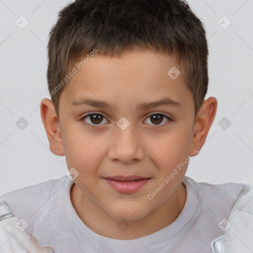 Joyful white child male with short  brown hair and brown eyes