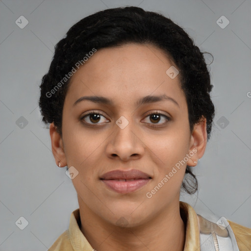 Joyful latino young-adult female with short  brown hair and brown eyes