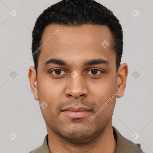 Neutral latino young-adult male with short  black hair and brown eyes