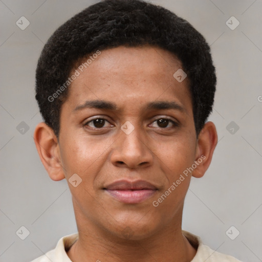 Joyful black young-adult male with short  brown hair and brown eyes