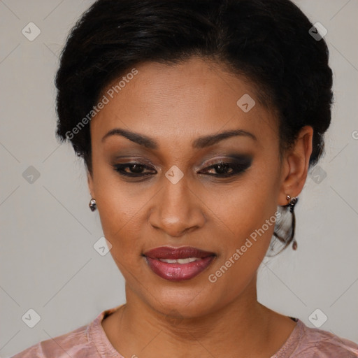 Joyful latino young-adult female with short  brown hair and brown eyes