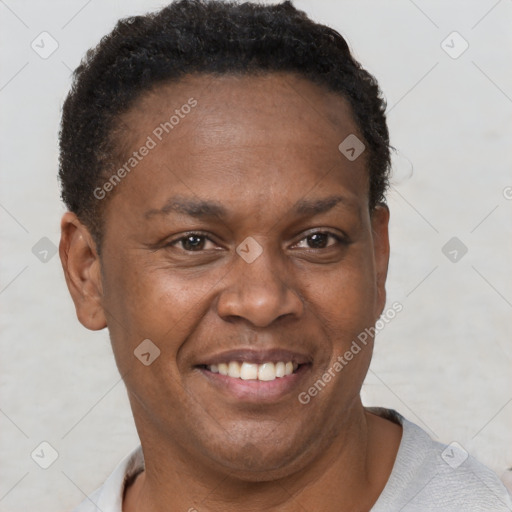 Joyful black adult male with short  brown hair and brown eyes