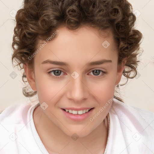 Joyful white child female with short  brown hair and brown eyes