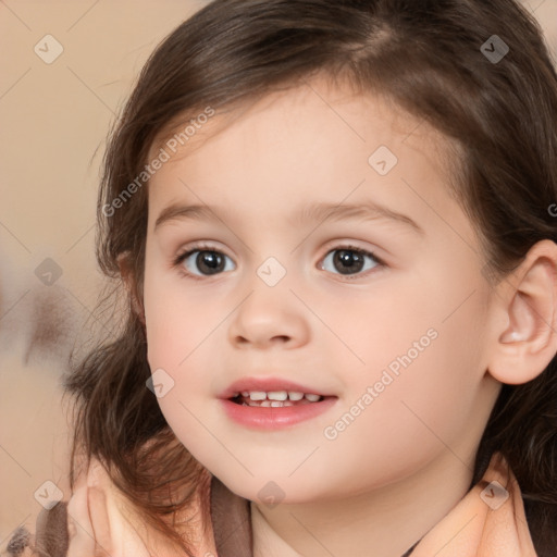 Joyful white child female with medium  brown hair and brown eyes