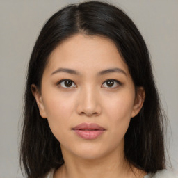 Neutral asian young-adult female with medium  brown hair and brown eyes