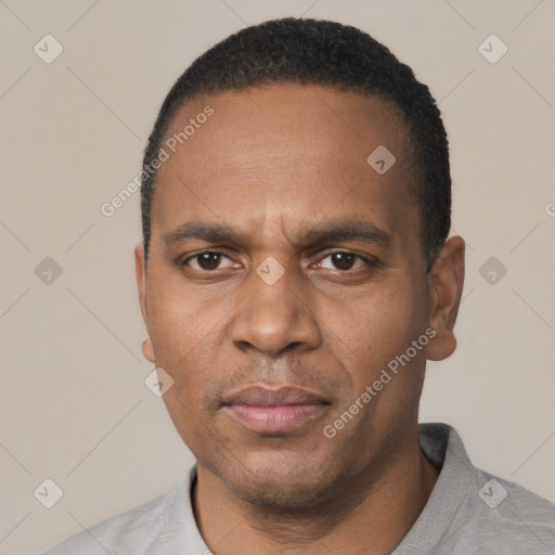 Neutral black adult male with short  black hair and brown eyes