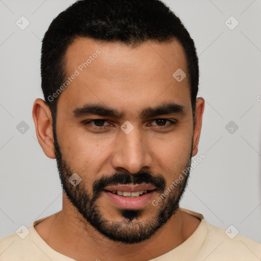Joyful latino young-adult male with short  black hair and brown eyes