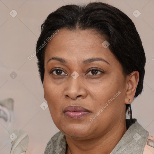 Joyful asian adult female with short  brown hair and brown eyes