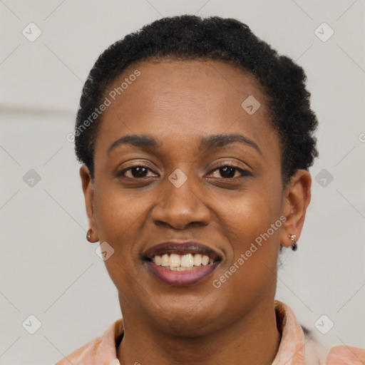 Joyful latino young-adult female with short  black hair and brown eyes