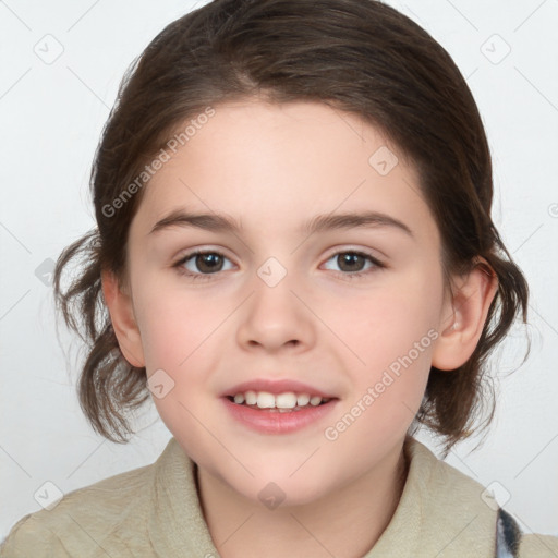 Joyful white child female with medium  brown hair and brown eyes