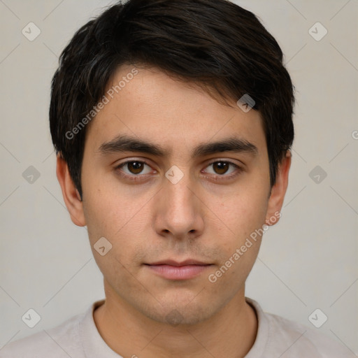 Neutral white young-adult male with short  brown hair and brown eyes