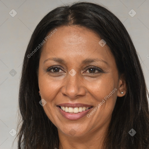 Joyful asian adult female with long  brown hair and brown eyes