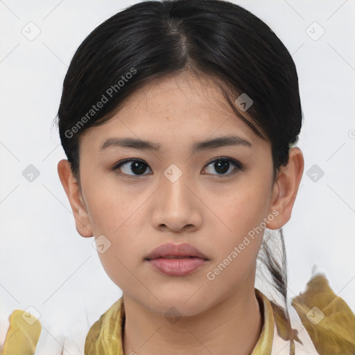 Neutral asian young-adult female with medium  brown hair and brown eyes