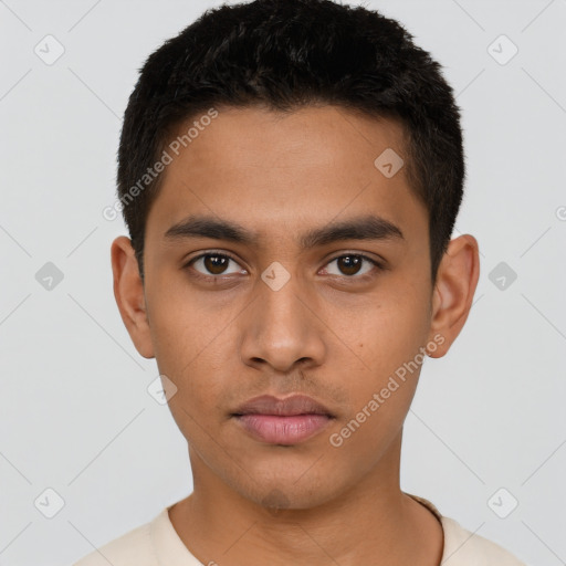 Neutral latino young-adult male with short  black hair and brown eyes