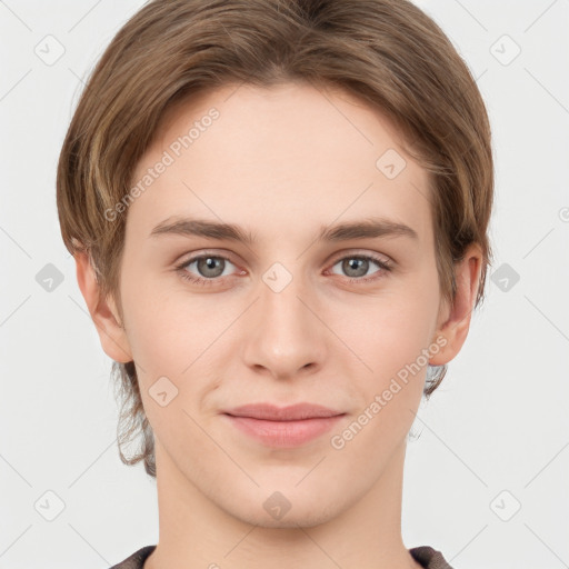 Joyful white young-adult female with short  brown hair and grey eyes