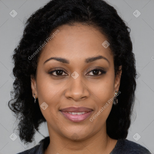 Joyful black young-adult female with long  brown hair and brown eyes