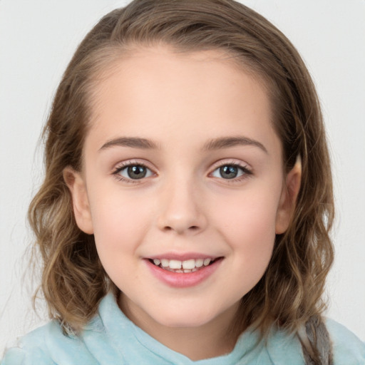 Joyful white child female with medium  brown hair and brown eyes