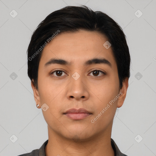 Neutral latino young-adult male with short  black hair and brown eyes