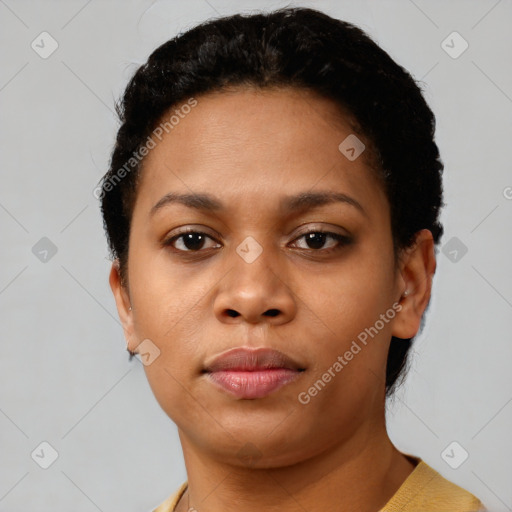 Neutral black young-adult female with short  black hair and brown eyes