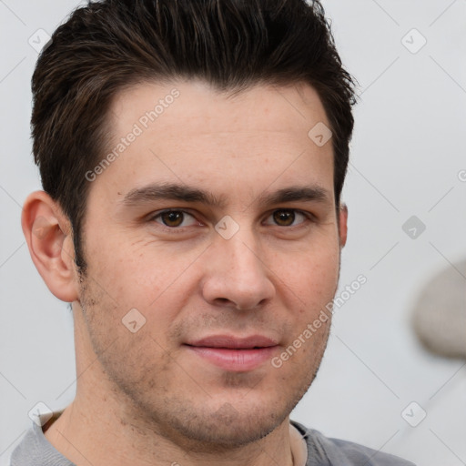 Neutral white young-adult male with short  brown hair and brown eyes