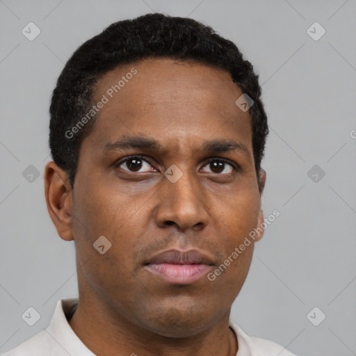 Neutral black young-adult male with short  black hair and brown eyes