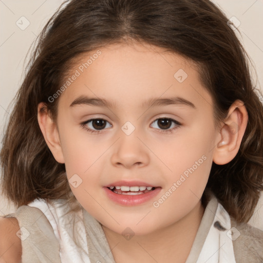 Joyful white child female with medium  brown hair and brown eyes