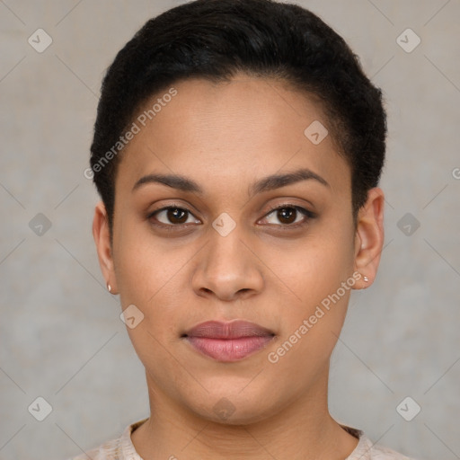 Joyful latino young-adult female with short  brown hair and brown eyes