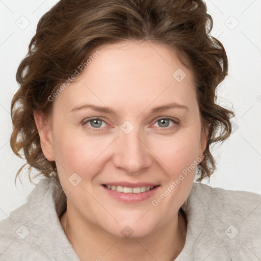 Joyful white young-adult female with medium  brown hair and blue eyes