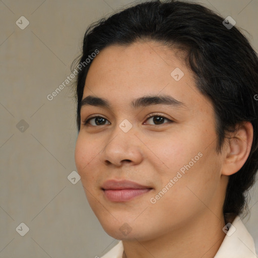 Joyful latino young-adult female with medium  brown hair and brown eyes