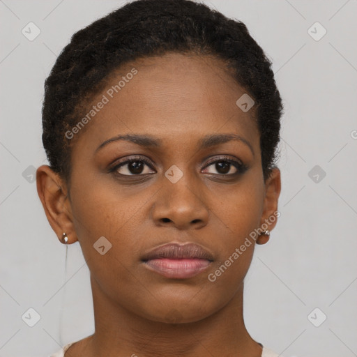 Neutral black young-adult female with short  brown hair and brown eyes