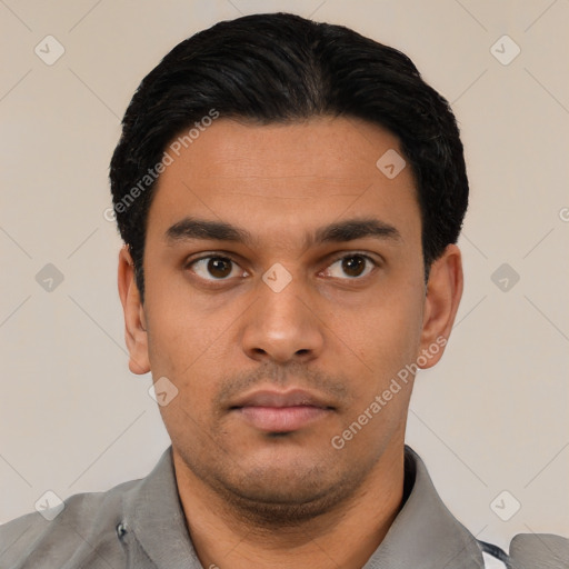 Neutral latino young-adult male with short  black hair and brown eyes