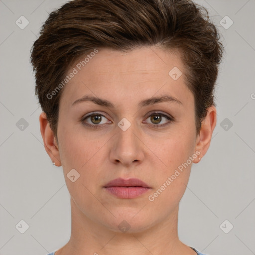 Neutral white young-adult female with short  brown hair and grey eyes