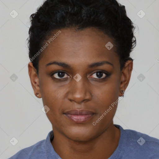 Neutral black young-adult female with short  black hair and brown eyes