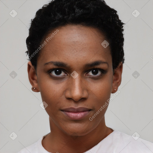 Neutral black young-adult female with short  black hair and brown eyes