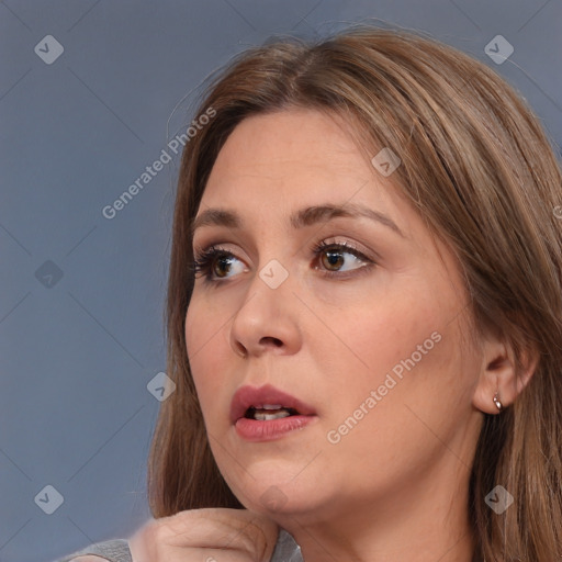 Neutral white young-adult female with medium  brown hair and brown eyes