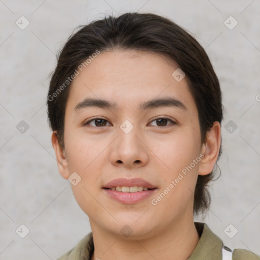 Joyful white young-adult female with medium  brown hair and brown eyes