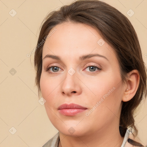 Neutral white young-adult female with medium  brown hair and grey eyes