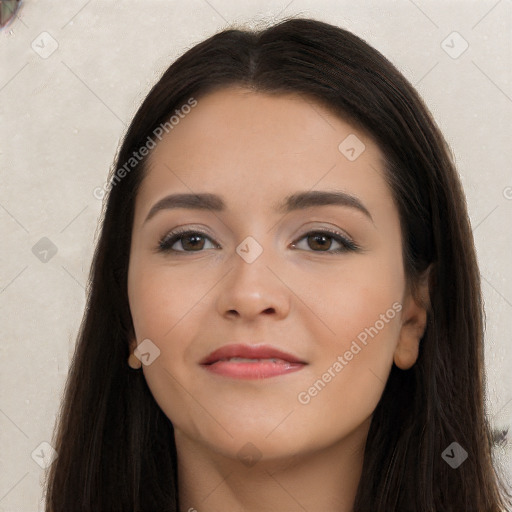 Neutral white young-adult female with long  brown hair and brown eyes