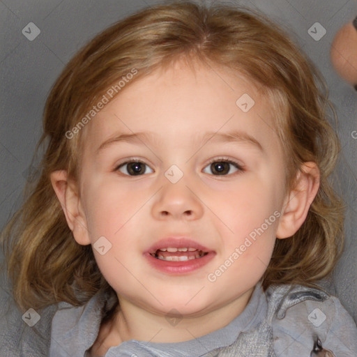 Joyful white child female with medium  brown hair and blue eyes