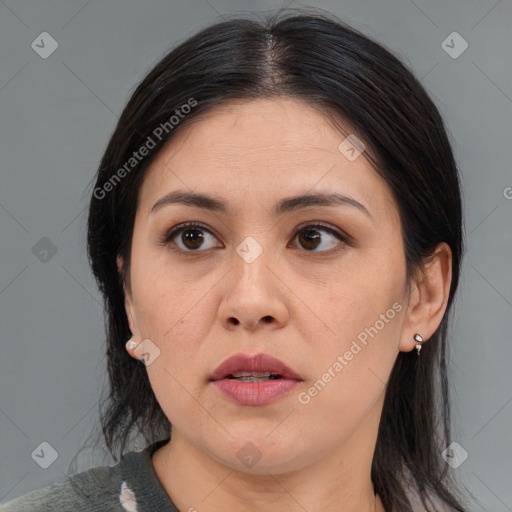 Neutral white young-adult female with medium  brown hair and brown eyes