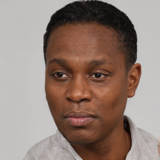 Neutral black adult male with short  black hair and brown eyes