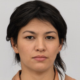 Neutral asian young-adult female with medium  brown hair and brown eyes