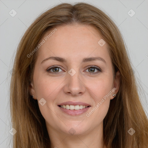 Joyful white young-adult female with long  brown hair and grey eyes