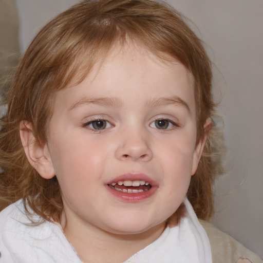 Joyful white child female with medium  brown hair and blue eyes